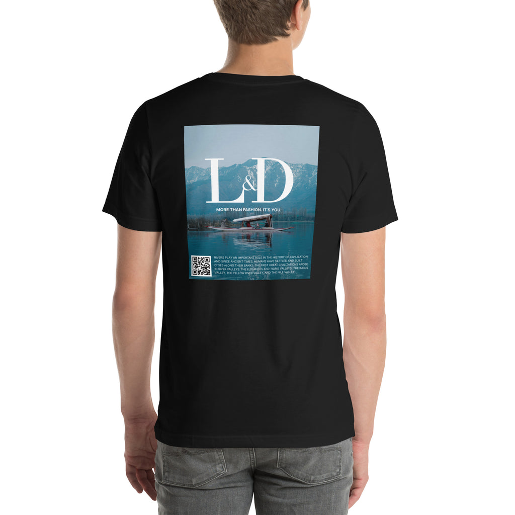 Back of a black unisex T-shirt with a print of mountains and a lake in a square frame and the LODISON logo
