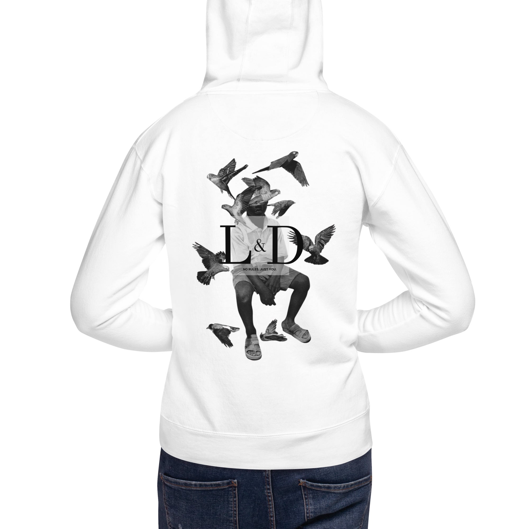 Back of a white unisex hoodie with a print of a man sitting on a chair surrounded by birds, and the LODISON logo