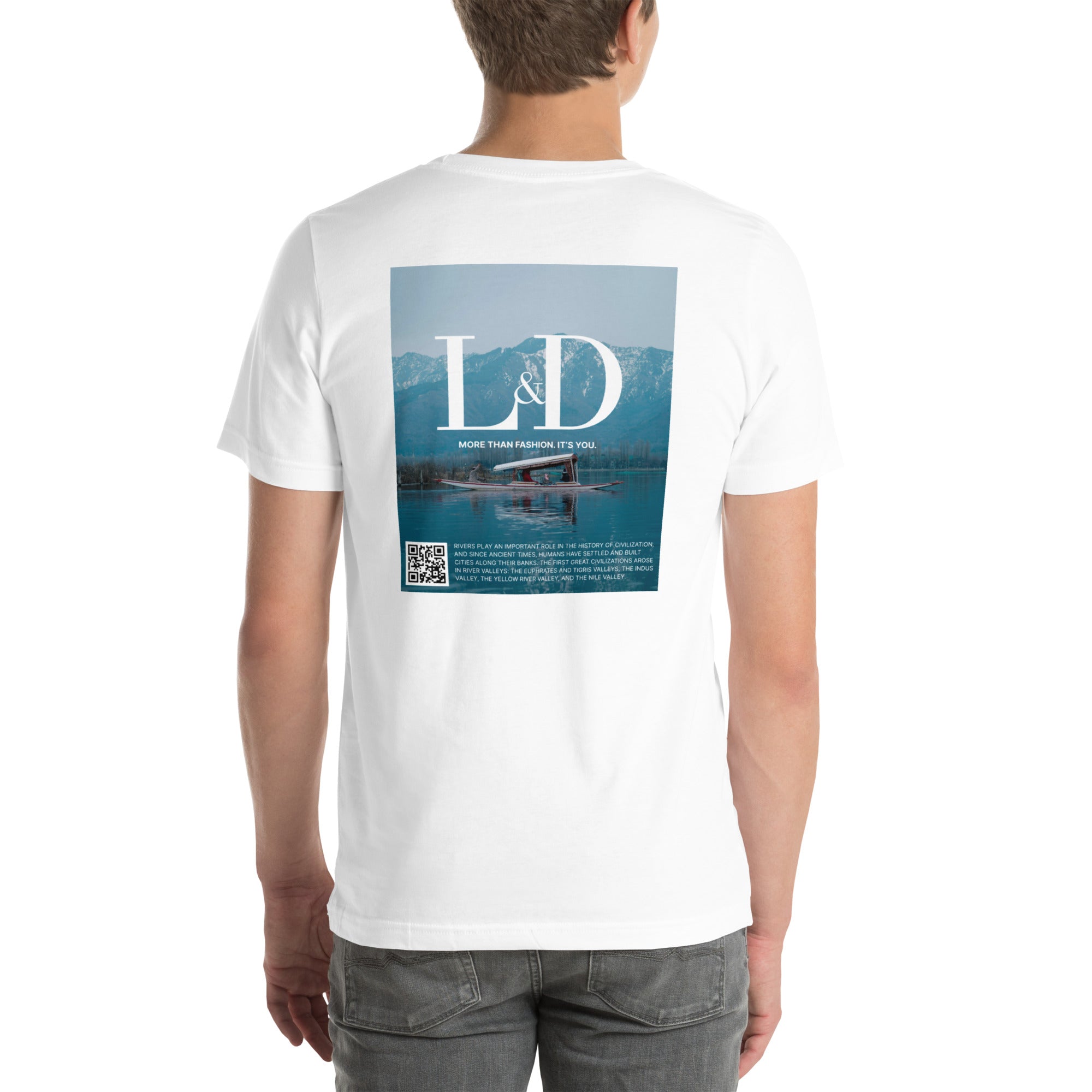 Back of a white unisex t-shirt with a print of mountains and a lake in a square frame and the LODISON logo