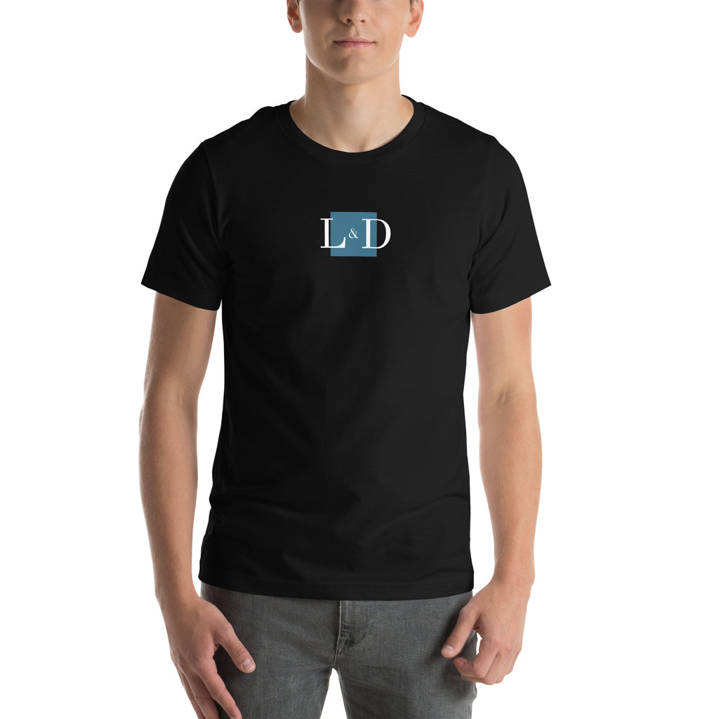 Black unisex t-shirt with a small, square LODISON logo in light blue on the front