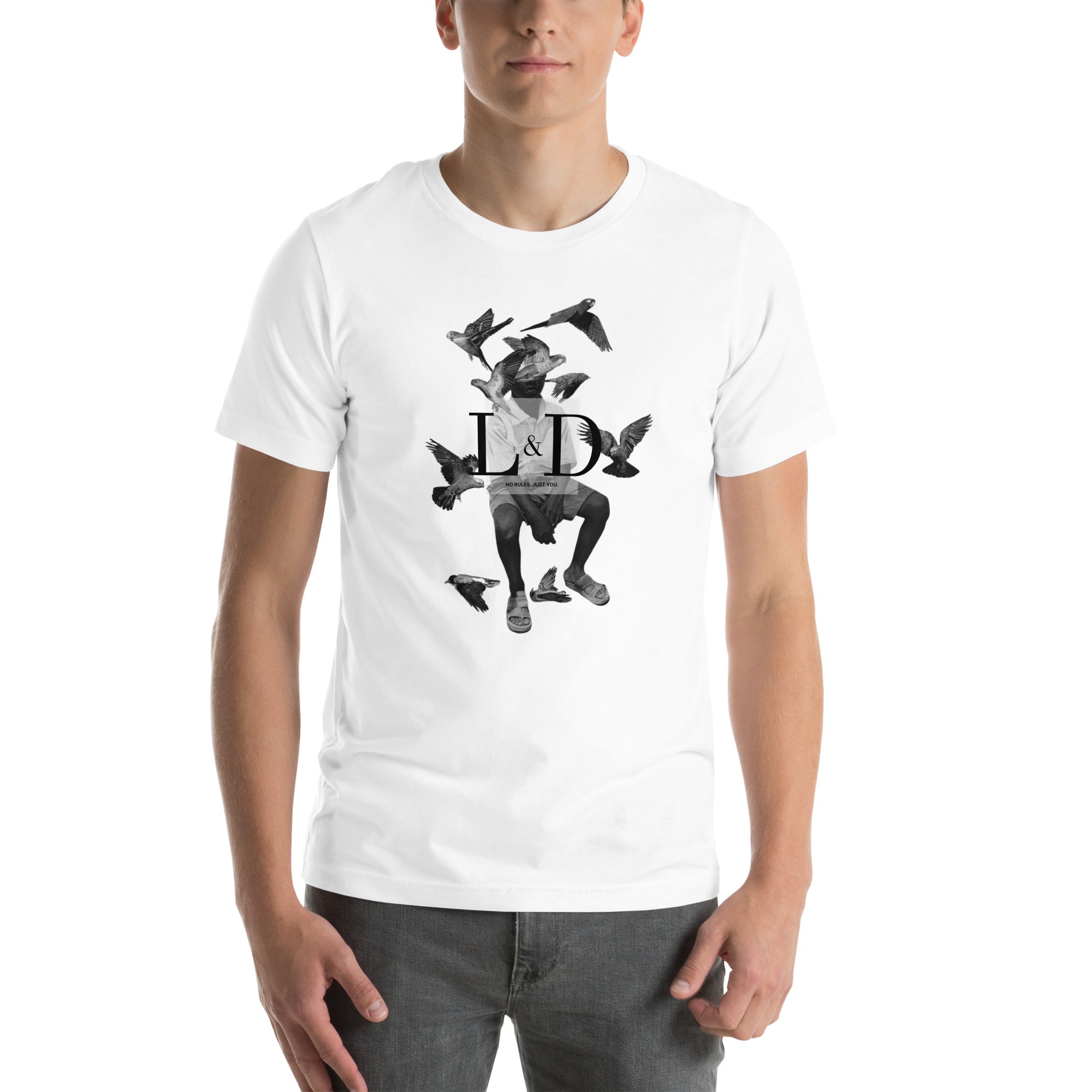 White unisex T-shirt with a black and white print of a man sitting on a chair surrounded by birds, and the LODISON logo.