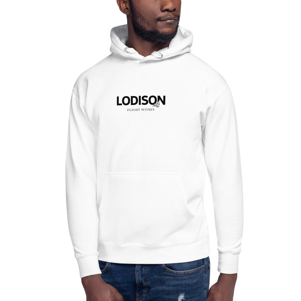 White unisex hoodie with black LODISON logo on the chest