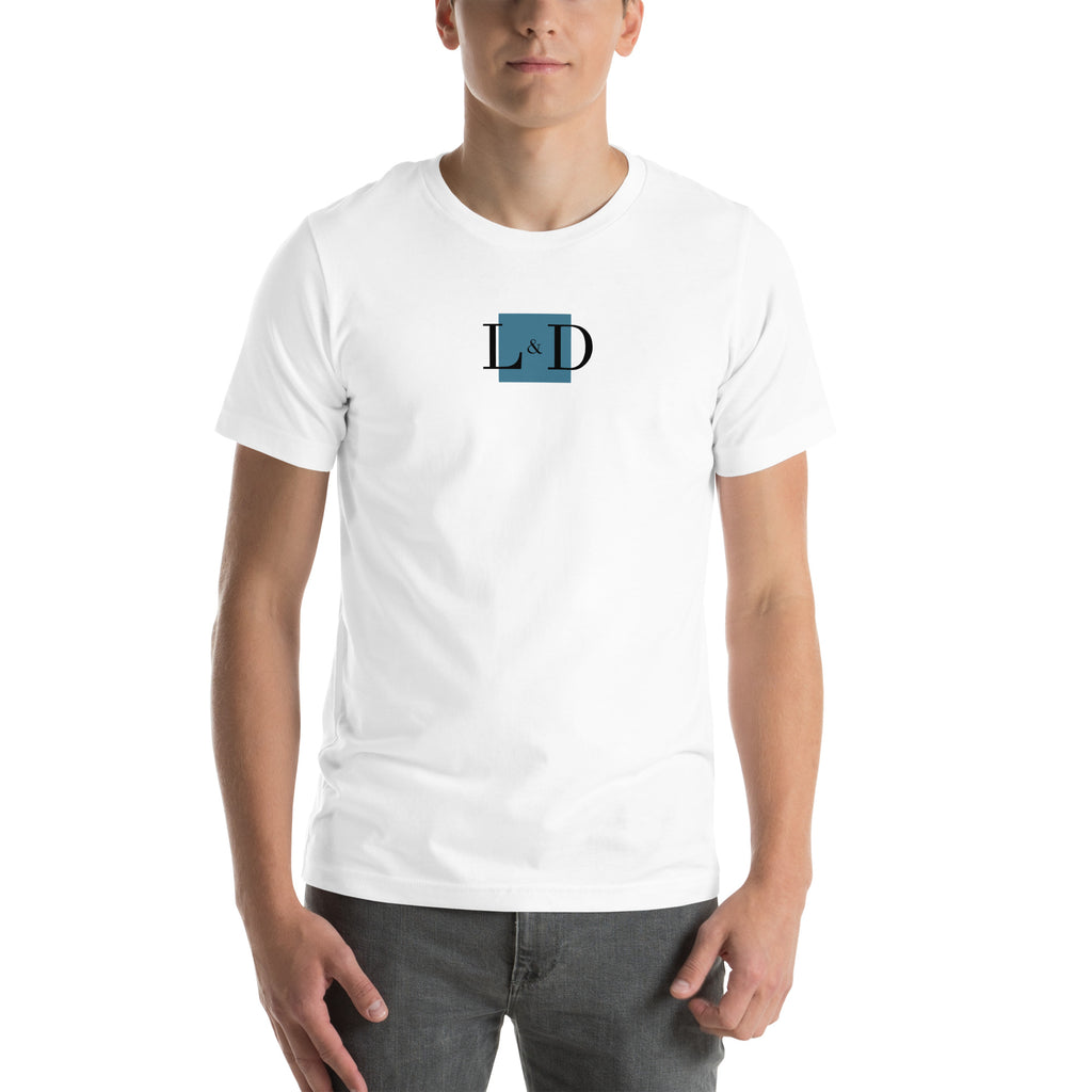 White unisex t-shirt with a small, square LODISON logo in light blue on the front